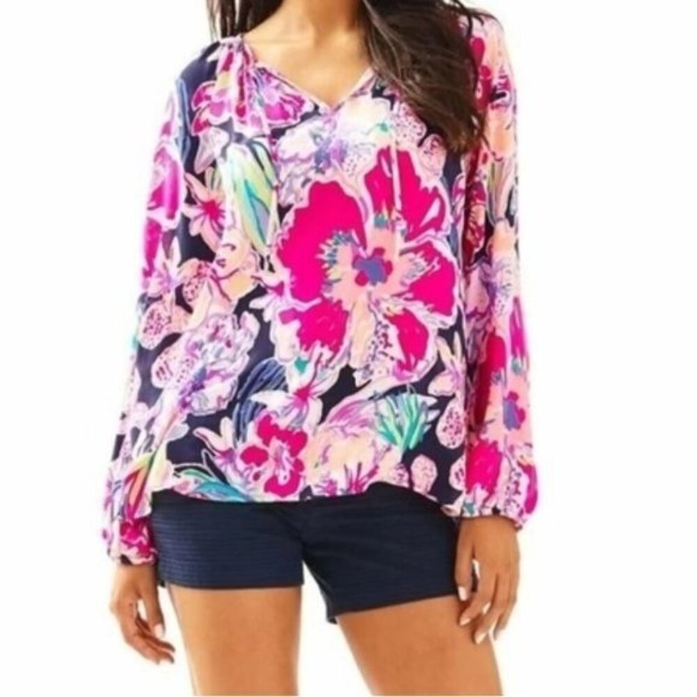 Medium Lilly Pulitzer Willa Bright Navy Tipping Point Floral Peasant Top